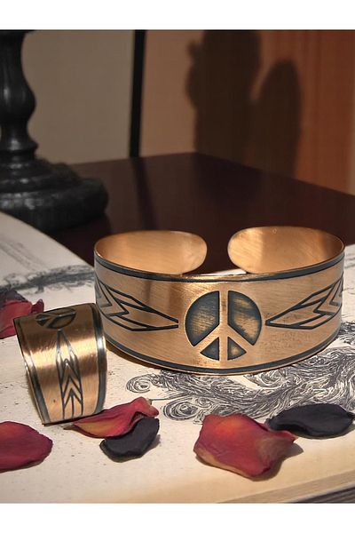 PrestigeSO Peace Symbol Copper Bracelet Ring Set Unisex Pure Copper Health Set