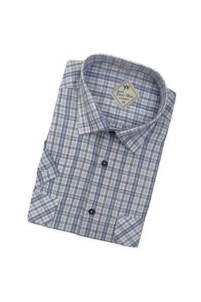 GÖMLEK GALERİSİ Men's Classic Loose Fit Double Pocket Plaid Linen Short Sleeve Shirt
