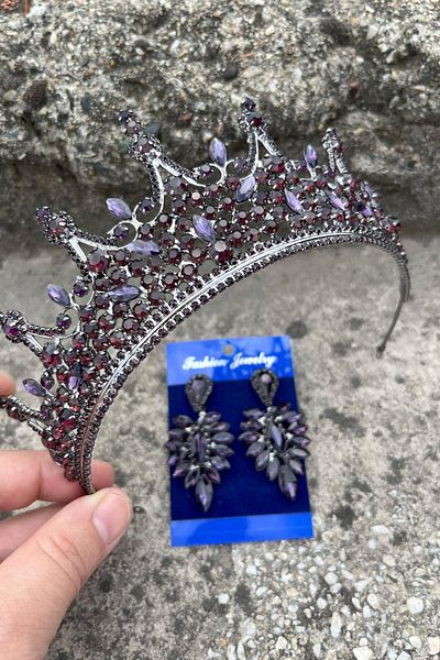 Hobigram Catalina Purple Bridal Henna Crown Special Occasion Accessory Women's Crown and Thin Shuttle Earrings Set