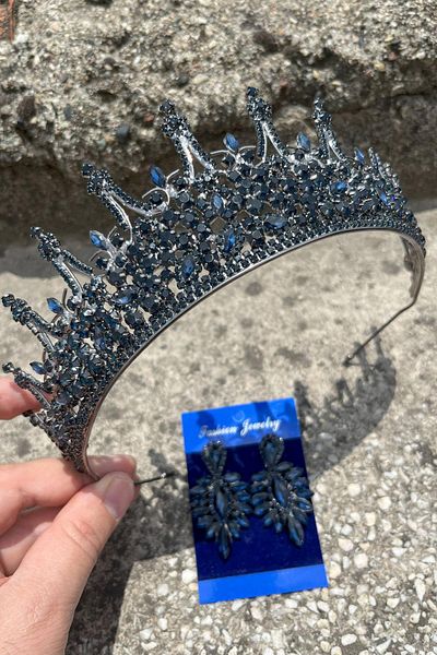 Hobigram Catalina Navy Blue Bridal Henna Crown Special Occasion Accessory Women's Crown and Thin Shuttle Earring Set