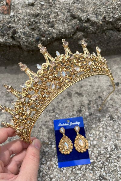 Hobigram Catalina Gold Bridal Henna Crown Special Occasion Accessory Women's Crown and Drop Shuttle Earrings Set