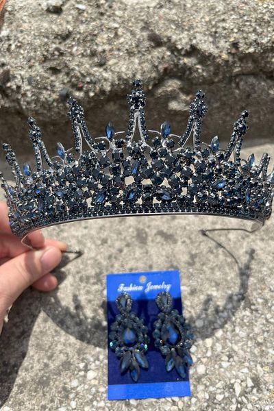 Hobigram Catalina Navy Blue Bridal Henna Crown Special Day Accessory Women's Crown and Three Shuttle Earrings Set