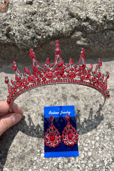 Hobigram Catalina Red Bridal Henna Crown Special Occasion Accessory Women's Crown and Drop Shuttle Earrings Set