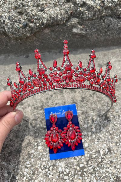 Hobigram Catalina Red Bridal Henna Crown Special Occasion Accessory Women's Crown and Wide Shuttle Earrings Set