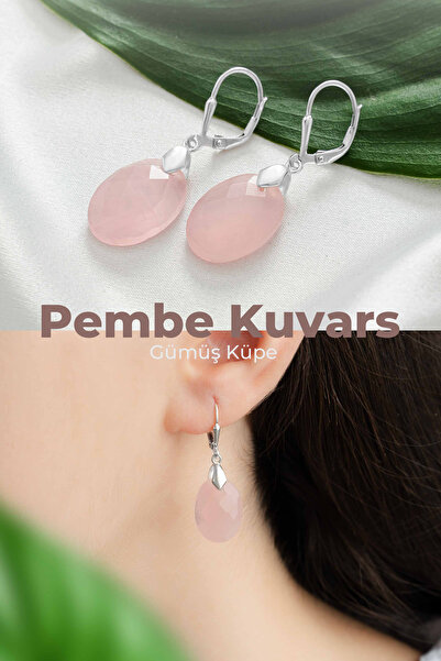 luxtone Pembe Kuvars Gümüş Küpe Sertifikalı 925 Ayar Gümüş Doğaltaş Oval