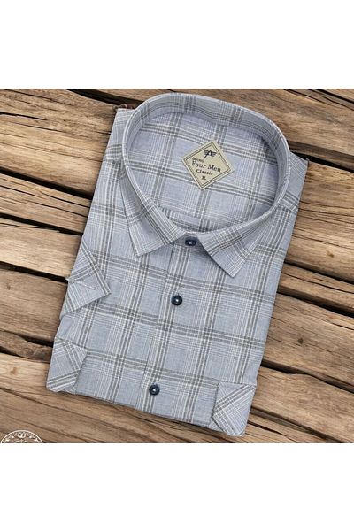 GÖMLEK GALERİSİ Men's Classic Loose Fit Double Pocket Plaid Linen Short Sleeve Shirt