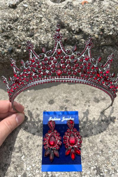 Hobigram Catalina Burgundy Bridal Henna Crown Special Day Accessory Women's Crown and Three Shuttle Shuttle Earrings Set