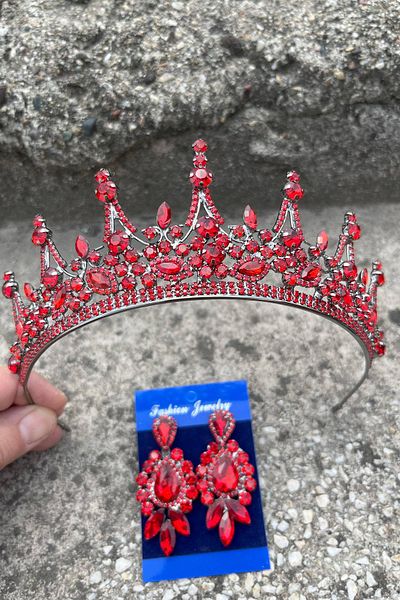 Hobigram Catalina Red Bridal Henna Crown Special Occasion Accessory Women's Crown and Three Shuttle Earrings Set