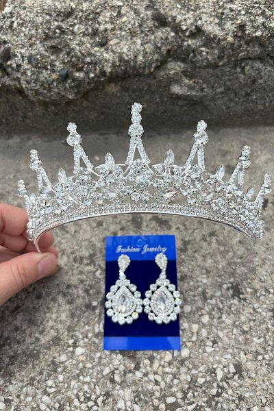 Hobigram Catalina Silver Bridal Henna Crown Special Occasion Accessory Women's Crown and Drop Shuttle Earrings Set