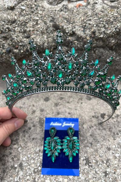 Hobigram Catalina Green Bridal Henna Crown Special Occasion Accessory Women's Crown and Thin Shuttle Earring Set