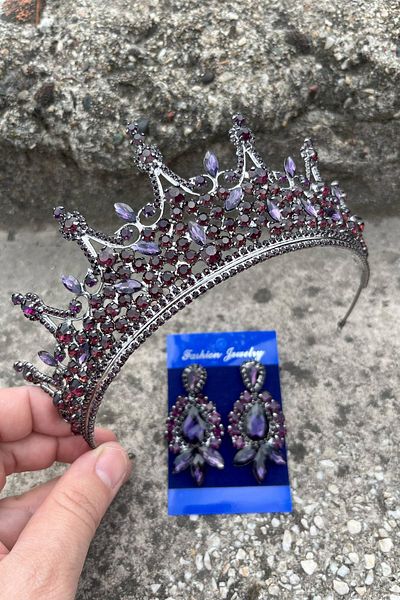 Hobigram Catalina Purple Bridal Henna Crown Special Occasion Accessory Women's Crown and Three Shuttle Earrings Set