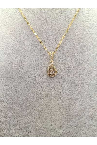 Han Ticarethane Gold Color Stone Water Drop Model Steel Necklace