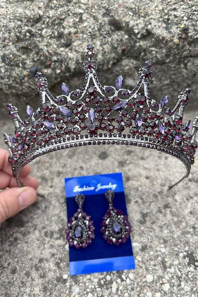 Hobigram Catalina Purple Bridal Henna Crown Special Occasion Accessory Women's Crown and Drop Shuttle Earrings Set