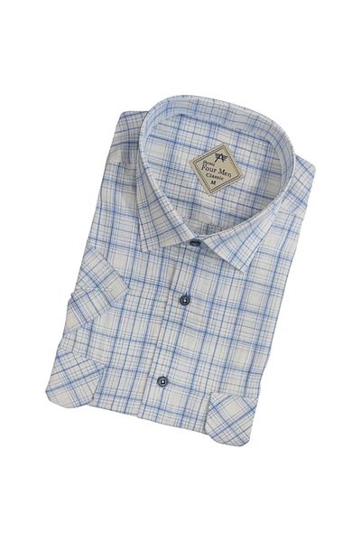 GÖMLEK GALERİSİ Men's Classic Loose Fit Double Pocket Plaid Linen Short Sleeve Shirt