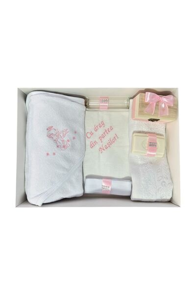 Botez Trusou botez ingeras, 7 piese, roz, in cutie, bumbac, cu mesajul "Cu dr...