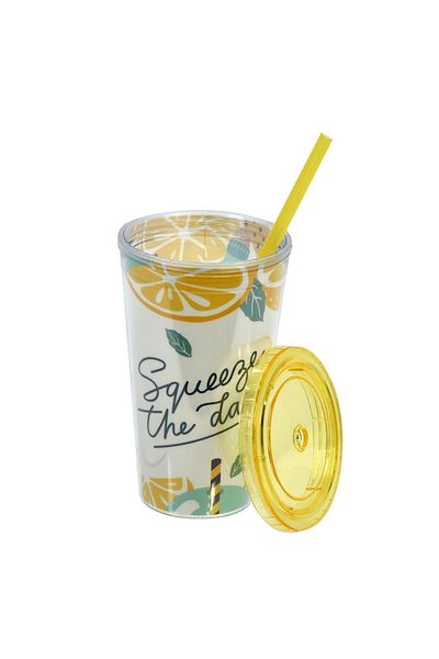 SyaMAG Plastic Cup Squeeze the Day, Lid, Straw, Yellow, 0.5L Capacity