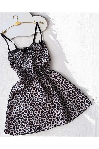 ARONA Sattens Leopard Print Chest Lace Babydoll Nightgown