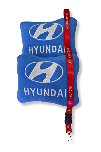 TUSBA MARKET Pernă ortopedică pentru gât de călătorie pentru mașină, din fleece albastru brodat, compatibilă cu Hyundai |   Curea pentru oglindă auto Hyundai