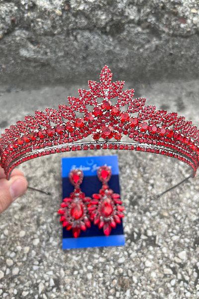 Hobigram Daniela Red Bridal Henna Crown Special Day Accessory Women's Crown and Wide Shuttle Earring Set