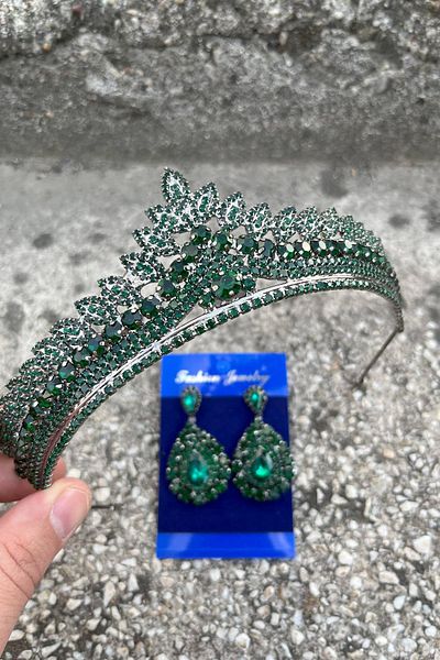 Hobigram Daniela Green Bridal Henna Crown Special Occasion Accessory Women's Crown and Drop Shuttle Earrings Set