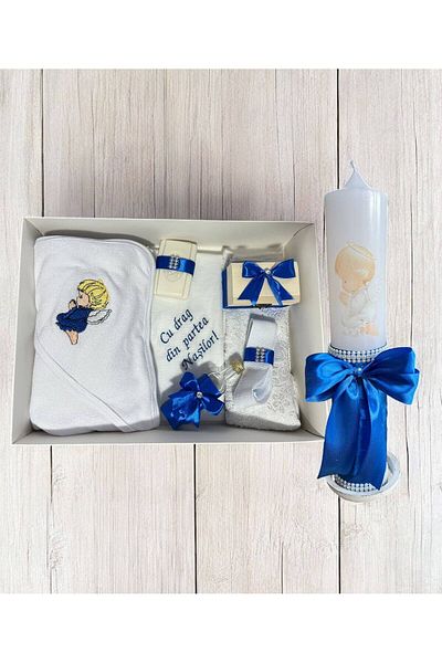 Botez Set trusou si lumanare ingeras brodat albastru regal