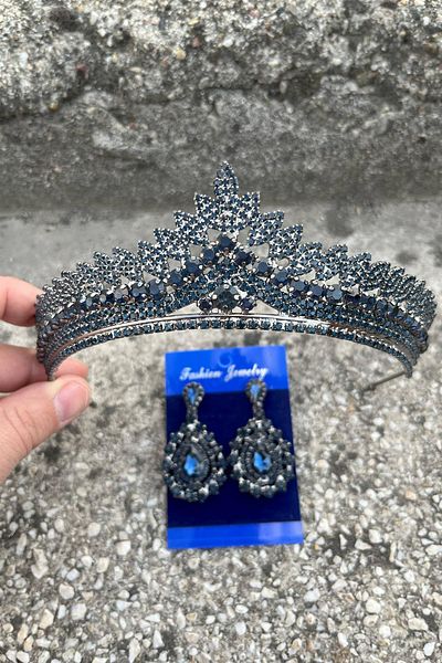 Hobigram Daniela Navy Blue Bridal Henna Crown Special Occasion Accessory Women's Crown and Drop Shuttle Earring Set