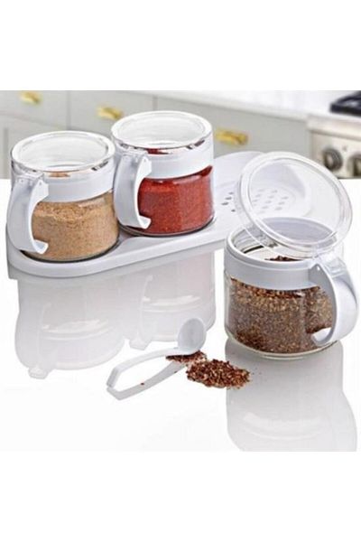 Skygo Buffer® White 3-Piece Glass Airtight Spice Rack Set with Lid and Spoon Kc-386
