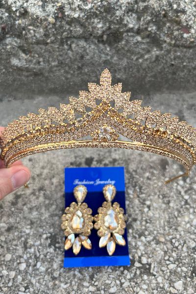 Hobigram Daniela Gold Bridal Henna Crown Special Occasion Accessory Women's Crown and Three Shuttle Earrings Set