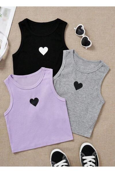 BEBEĞİME ÇORAP Κοριτσίστικο 3 τεμάχιο Lycra Crew Neck Heart Printed Camisole Crop εσώρουχο