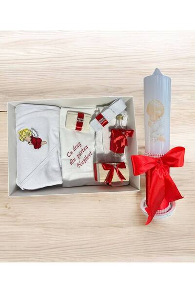 Botez Set trusou si lumanare ingeras brodat rosu