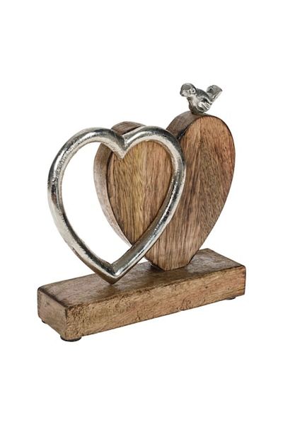 SyaMAG Decorațiune de masă, model inimă dublă și pasăre, lemn și metal, 18x5x19.5cm