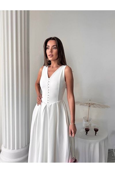 Afiş Butik White Pleated Button Detailed Midi Dress