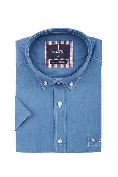 tambattal Cămașă din denim de mărime mare, cu mânecă scurtă, guler cu nasturi (model larg și confortabil)