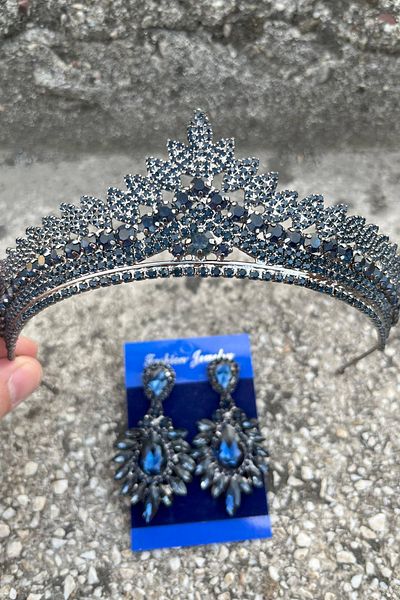 Hobigram Daniela Navy Blue Bridal Henna Crown Special Occasion Accessory Women's Crown and Wide Shuttle Earring Set