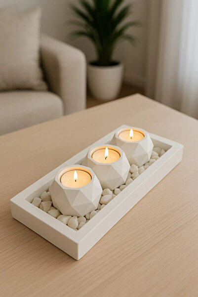 Havalı Tasarım Tabaklı Beton Mumluk Ve Tealight Mumluk Hediyelik Dekorasyon Seti.(TEALİGHT MUM.DAHİL DEĞİLDİR)