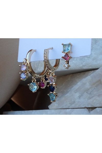 NFS BUTİK Colorful Baguette & Zircon Stone Set of 3 Steel Earrings