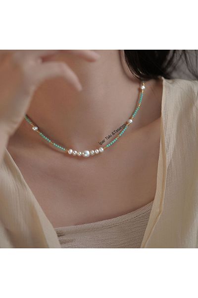 İPAR AKSESUAR Turquoise Glass Beaded Irregular Real Pearl Necklace Bracelet Set