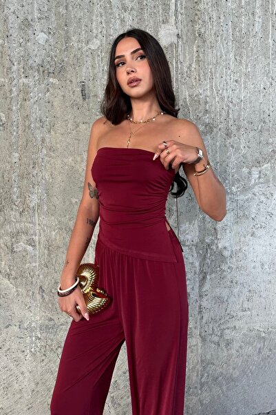 FEWTİNT Suit-Asymmetric Cutout Slit Detail, Gathered, Strapless Neckline Ball. Elastic Waistband Trousers.