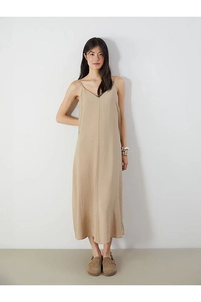 LC Waikiki XSIDE Μπεζ V-Neck Modal Μικτό Φόρεμα με λουράκι