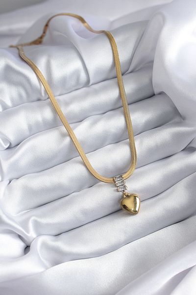 Skygo 316L Steel Gold Color Italian Chain Model Heart Figure Evil Eye Bead Detail Women's Necklace - TJ-BKO7925