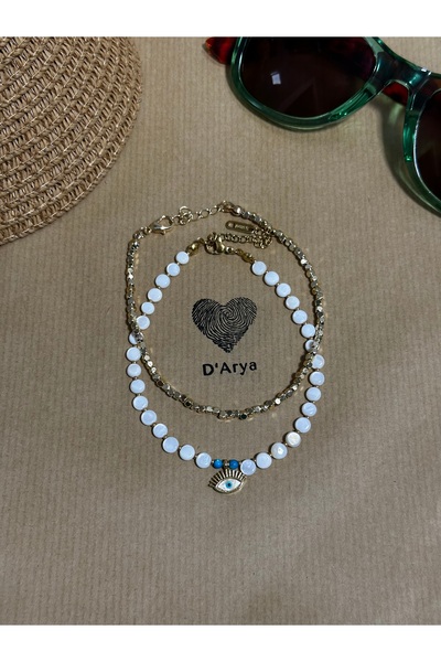 Darya DD325 مجموعة خلخال مصنوعة يدويًا من حجر أبيض وعين شريرة مربعة من الخرز الذهبي مكونة من قطعتين