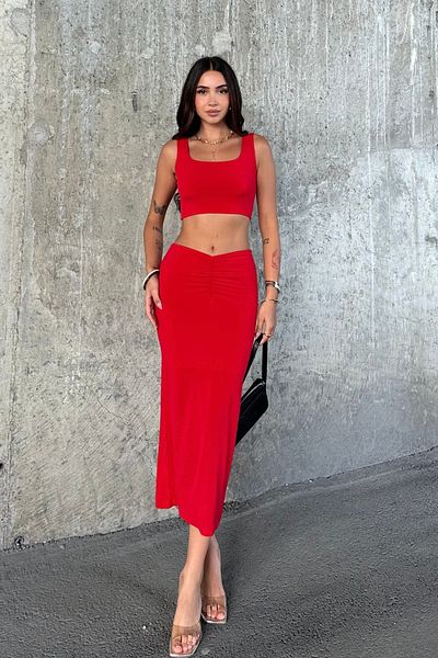 FEWTİNT Skirt Suit - Front Tie Detail, Lined, Midi Length Skirt. Thick Straps, Crop Bluz.