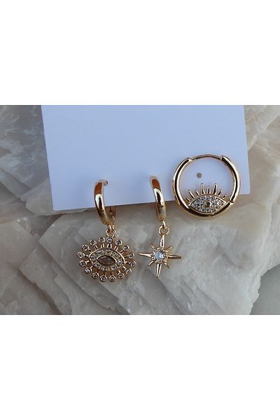 NFS BUTİK Set of 3 Steel Earring Models with Zircon & Baguette Stones