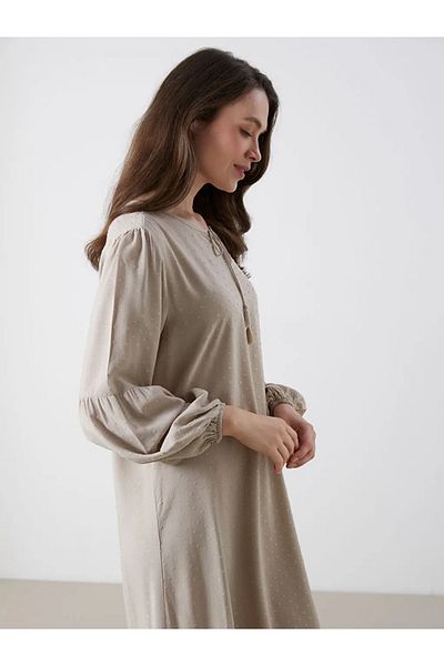 LC Waikiki Lcw Grace Beige Tie Collar Patterned A-Line Dress