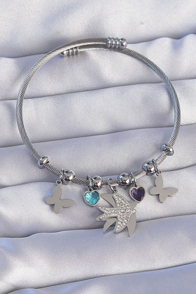 Skygo 316L Steel Silver Color Zircon Stone Bird Design Butterfly Detail Charm Bracelet - Tj-Bb6194