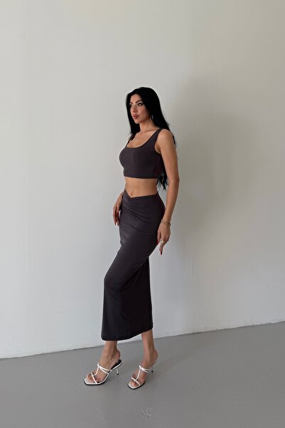 FEWTİNT Skirt Suit - Front Tie Detail, Lined, Midi Length Skirt. Thick Straps, Crop Bluz.