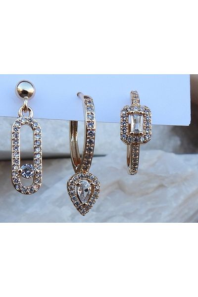 NFS BUTİK Set of 3 Steel Earring Models with Zircon & Baguette Stones