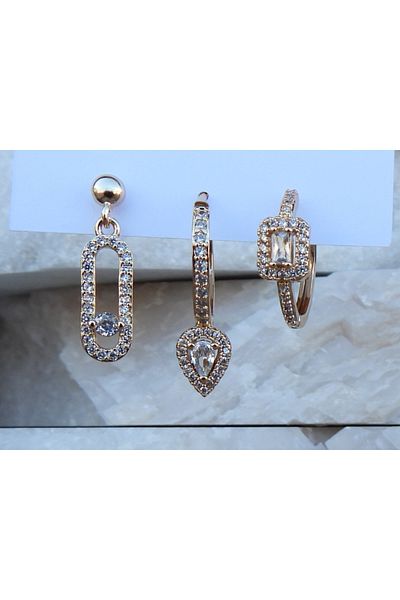 NFS BUTİK Set of 3 Steel Earring Models with Zircon & Baguette Stones