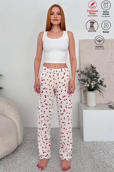 Oyga Women's Single Jersey Breathable Fabric Printed Pocketless Comfortable Home Wear Pajama Bottoms