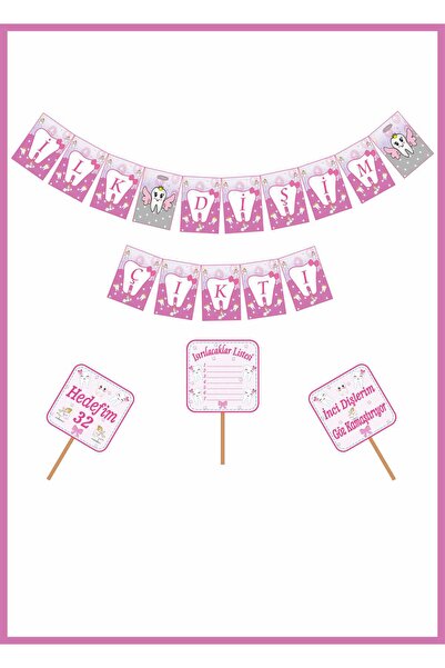 motto party İlk Dişim Diş Buğdayı Flama Pankart Seti Pembe